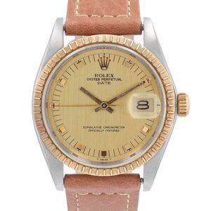 Rolex Date 1505 36mm Champagne Diamond Marker Dial Engine-Turned Bezel Leather